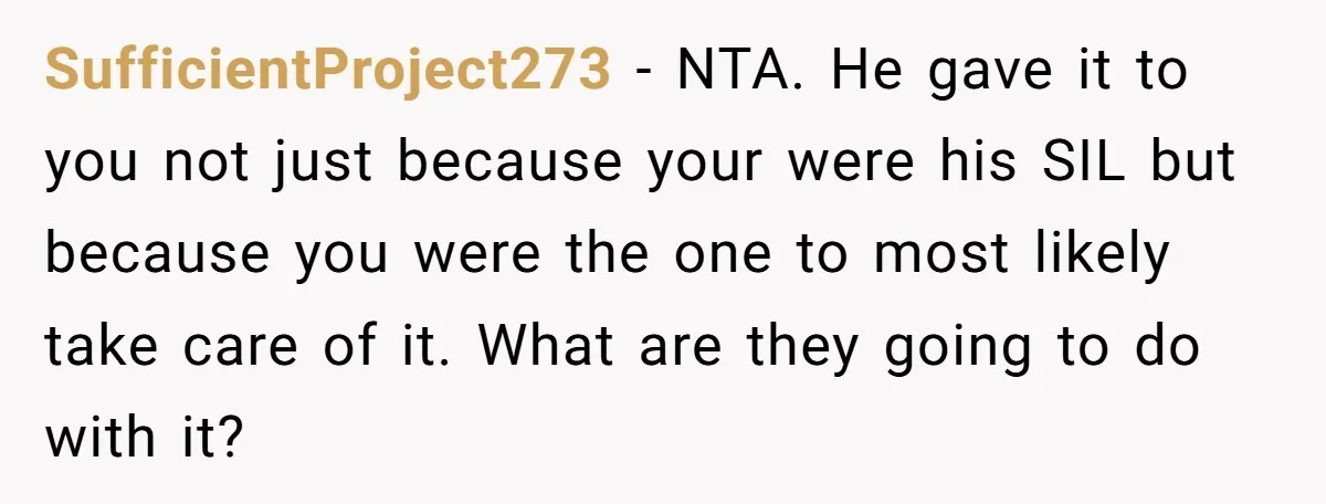 They Were Fine With Him Owning It - Until the Divorce SufficientProject273 − NTA. He gave it to you not just because your were his SIL but because you were the one to most likely take care of it. What are...