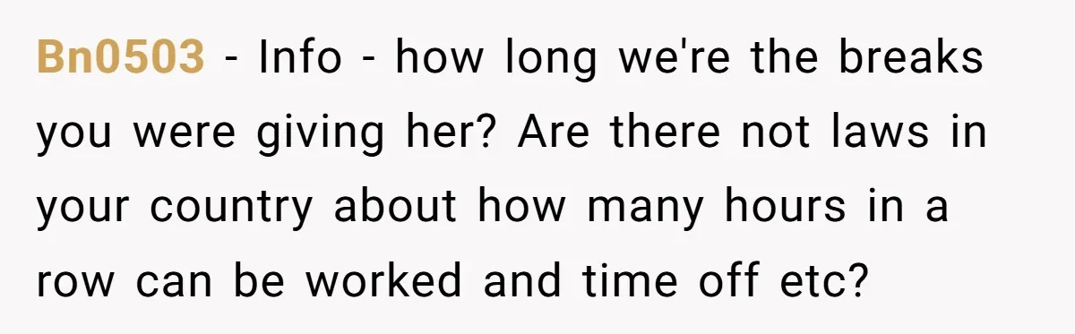 Couple Pays Nanny Double On Anniversary Trip, She Calls Them Heartless Anyway Bn0503 − Info - how long we're the breaks you were giving her? Are there not laws in your country about how many hours in a row can be worked...