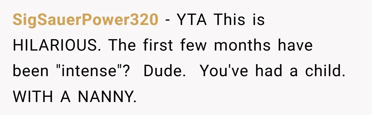 Couple Pays Nanny Double On Anniversary Trip, She Calls Them Heartless Anyway SigSauerPower320 − YTA This is HILARIOUS. The first few months have been "intense"? Dude. You've had a child. WITH A NANNY.