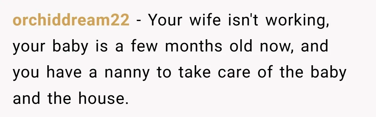 Couple Pays Nanny Double On Anniversary Trip, She Calls Them Heartless Anyway orchiddream22 − Your wife isn't working, your baby is a few months old now, and you have a nanny to take care of the baby and the house.