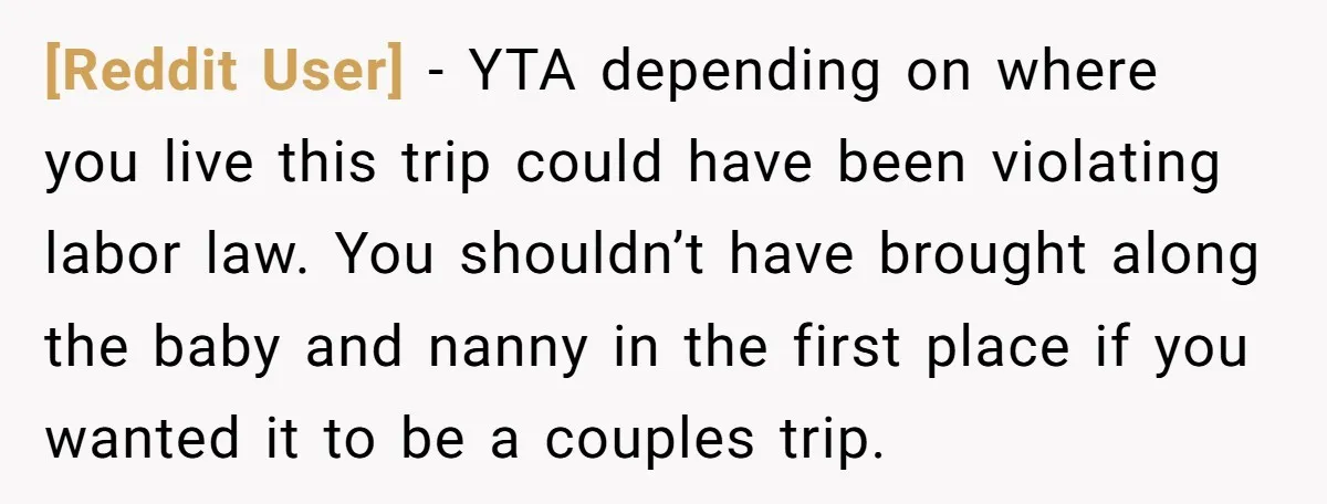 [Reddit User] − YTA depending on where you live this trip could have been violating labor law. You shouldn’t have brought along the baby and nanny in the first place...