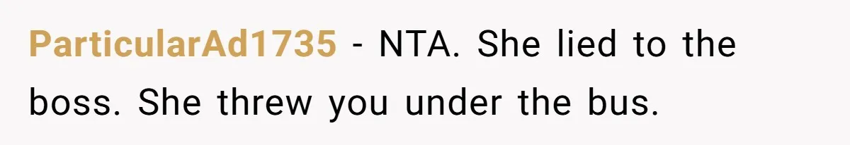 She Lied to the Boss and Said Her Coworker Would Cover - Then Got Fired and Played the Victim” ParticularAd1735 − NTA. She lied to the boss. She threw you under the bus.