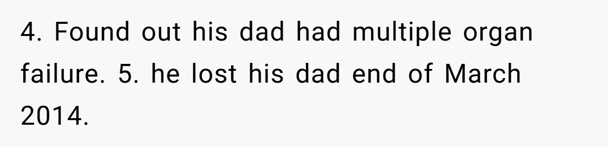 She Finally Exposed Her Mother-in-Law’s Manipulation - and It Blew Up the Entire Family 4. Found out his dad had multiple organ failure. 5. he lost his dad end of March 2014.