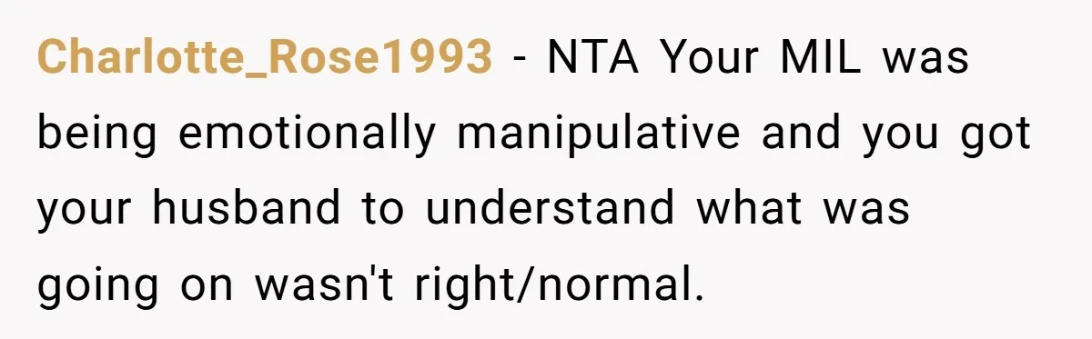 She Finally Exposed Her Mother-in-Law’s Manipulation - and It Blew Up the Entire Family Charlotte_Rose1993 − NTA Your MIL was being emotionally manipulative and you got your husband to understand what was going on wasn't right/normal.