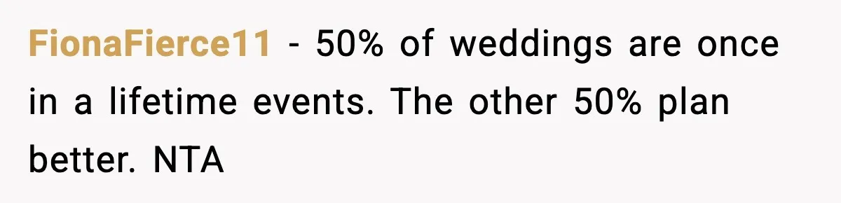 Woman Refuses To Cancel Long-Planned Vacation So Coworker Can Take Her Honeymoon FionaFierce11 − 50% of weddings are once in a lifetime events. The other 50% plan better. NTA