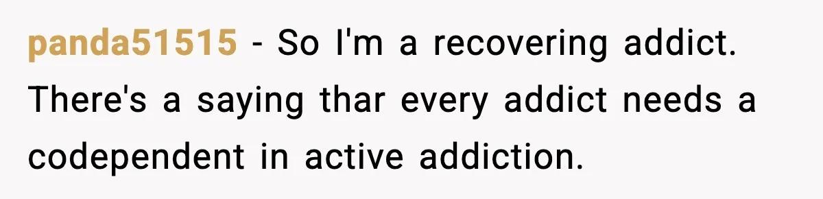 Man Reports His Wife For Sneaking Junk Food Into His Eating Disorder Treatment Program panda51515 − So I'm a recovering addict. There's a saying thar every addict needs a codependent in active addiction.