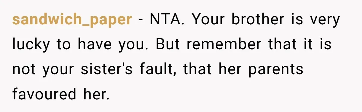 Older Brother Admits He Favors The Family Scapegoat, Now The Golden Child Wants Answers sandwich_paper − NTA. Your brother is very lucky to have you. But remember that it is not your sister's fault, that her parents favoured her.