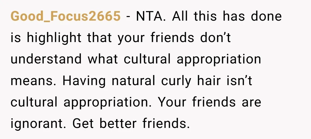 White Woman Gets Accused Of Cultural Appropriation For Her Natural Afro, Snaps Back Good_Focus2665 − NTA. All this has done is highlight that your friends don’t understand what cultural appropriation means. Having natural curly hair isn’t cultural appropriation. Your friends are ignorant. Get...