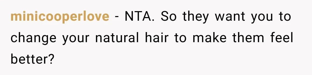 White Woman Gets Accused Of Cultural Appropriation For Her Natural Afro, Snaps Back minicooperlove − NTA. So they want you to change your natural hair to make them feel better?