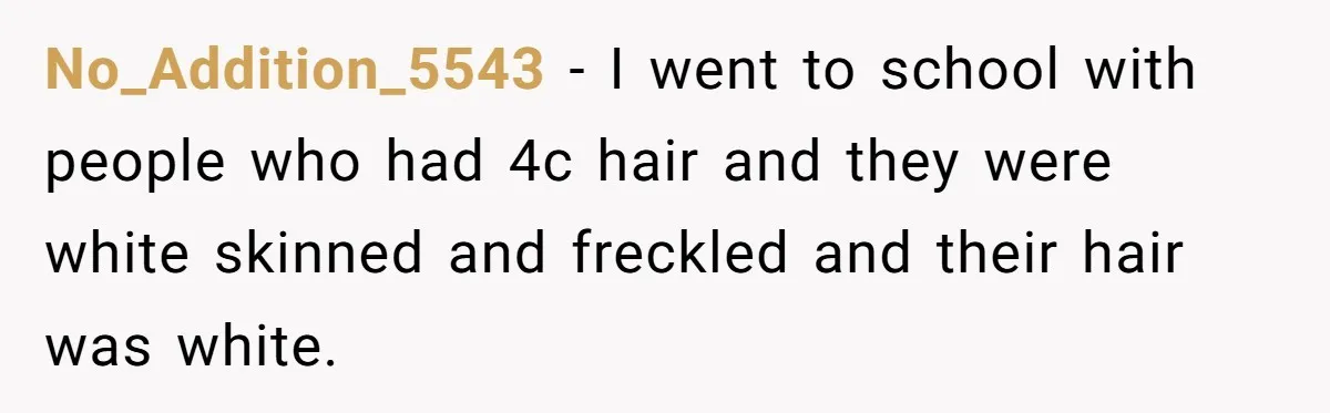 White Woman Gets Accused Of Cultural Appropriation For Her Natural Afro, Snaps Back No_Addition_5543 − I went to school with people who had 4c hair and they were white skinned and freckled and their hair was white.