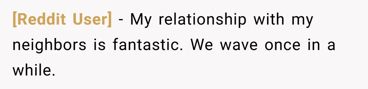 [Reddit User] − My relationship with my neighbors is fantastic. We wave once in a while.