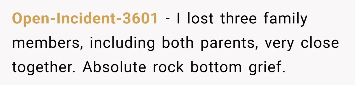 Man Considers Divorce After Wife Cheats With Ex While Grieving Her Parents’ Deaths Open-Incident-3601 − I lost three family members, including both parents, very close together. Absolute rock bottom grief.