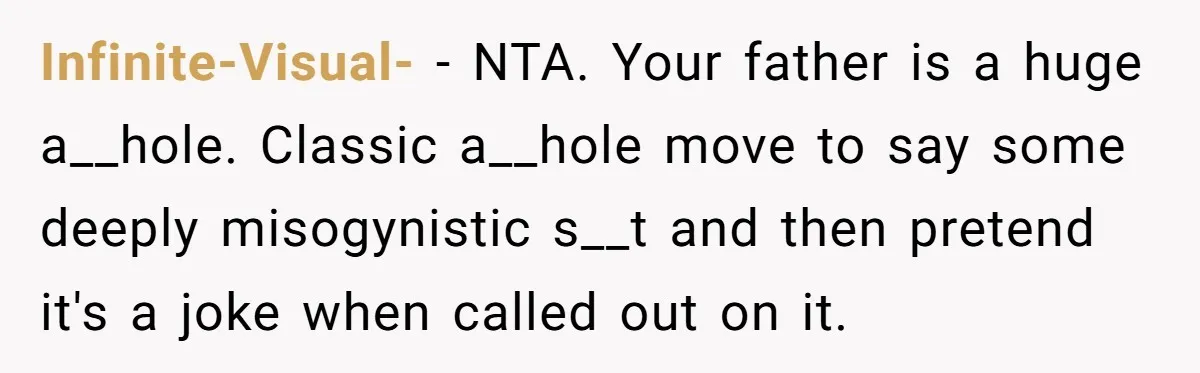 Infinite-Visual- − NTA. Your father is a huge a__hole. Classic a__hole move to say some deeply misogynistic s__t and then pretend it's a joke when called out on it.