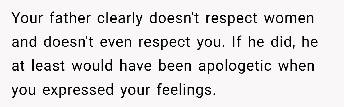 Your father clearly doesn't respect women and doesn't even respect you. If he did, he at least would have been apologetic when you expressed your feelings.