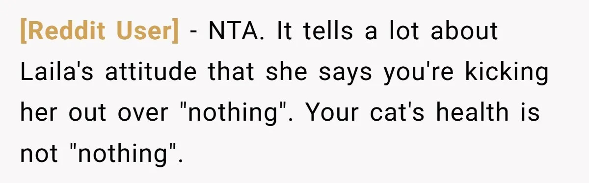 [Reddit User] − NTA. It tells a lot about Laila's attitude that she says you're kicking her out over "nothing". Your cat's health is not "nothing".