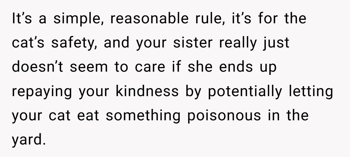 She Gave Her Sister One Rule to Stay - Protect the Cat. After Breaking It Three Times, She Kicked Them Out It’s a simple, reasonable rule, it’s for the cat’s safety, and your sister really just doesn’t seem to care if she ends up repaying your kindness by potentially letting your...
