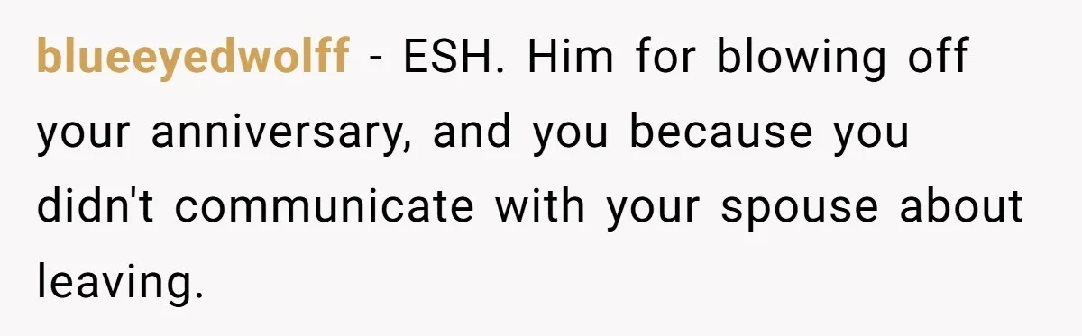 Husband Says He Wants to “Relax” On Their Anniversary, So His Wife Leaves Him With the Kids blueeyedwolff − ESH. Him for blowing off your anniversary, and you because you didn't communicate with your spouse about leaving.