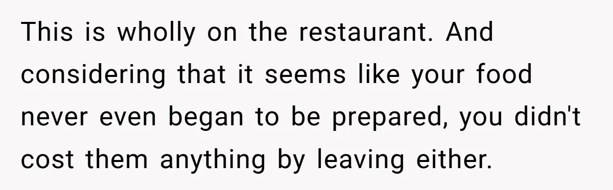 This is wholly on the restaurant. And considering that it seems like your food never even began to be prepared, you didn't cost them anything by leaving either.
