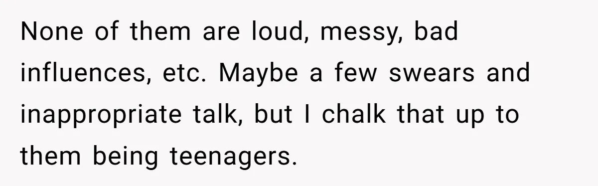 None of them are loud, messy, bad influences, etc. Maybe a few swears and inappropriate talk, but I chalk that up to them being teenagers.