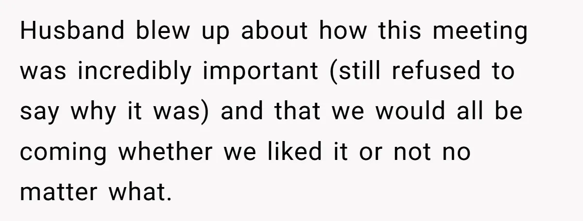 Husband blew up about how this meeting was incredibly important (still refused to say why it was) and that we would all be coming whether we liked it or not...