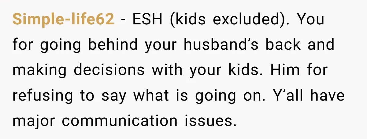 Simple-life62 − ESH (kids excluded). You for going behind your husband’s back and making decisions with your kids. Him for refusing to say what is going on. Y’all have major...