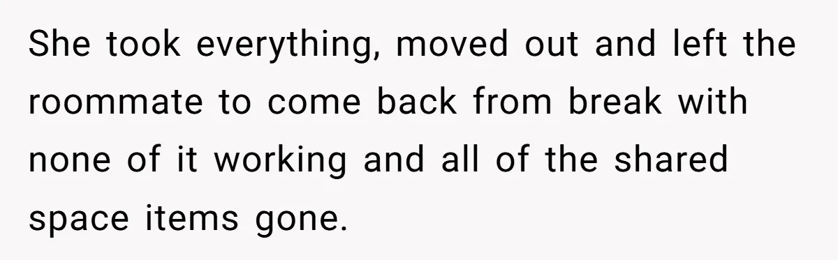 A Roommate Told Her ‘This Is Why You Have No Friends’ - Then Came Home to Nothing She took everything, moved out and left the roommate to come back from break with none of it working and all of the shared space items gone.