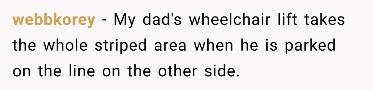 Parent Spots Luxury Car Blocking Handicapped Access Zone And Delivers Payback With Piece Of Paper webbkorey − My dad's wheelchair lift takes the whole striped area when he is parked on the line on the other side.