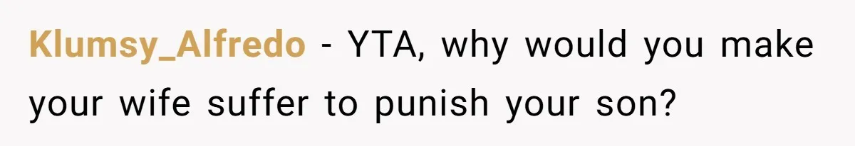 Klumsy_Alfredo − YTA, why would you make your wife suffer to punish your son?
