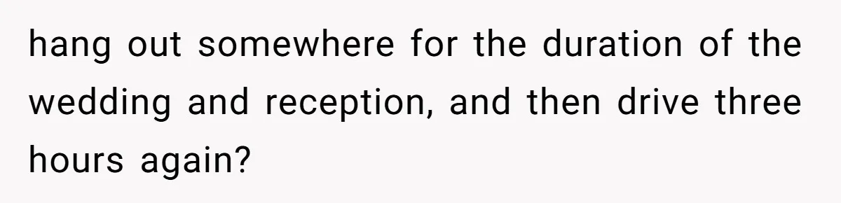 hang out somewhere for the duration of the wedding and reception, and then drive three hours again?