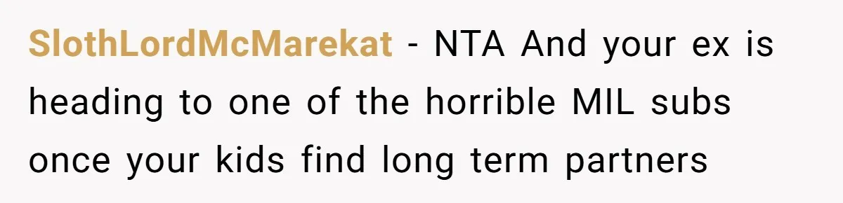 He Told His Ex She Chose Motherhood Over Marriage - and That Her Loneliness Now Isn’t His Problem SlothLordMcMarekat − NTA And your ex is heading to one of the horrible MIL subs once your kids find long term partners