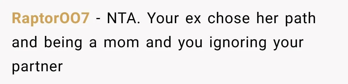 He Told His Ex She Chose Motherhood Over Marriage - and That Her Loneliness Now Isn’t His Problem RaptorOO7 − NTA. Your ex chose her path and being a mom and you ignoring your partner