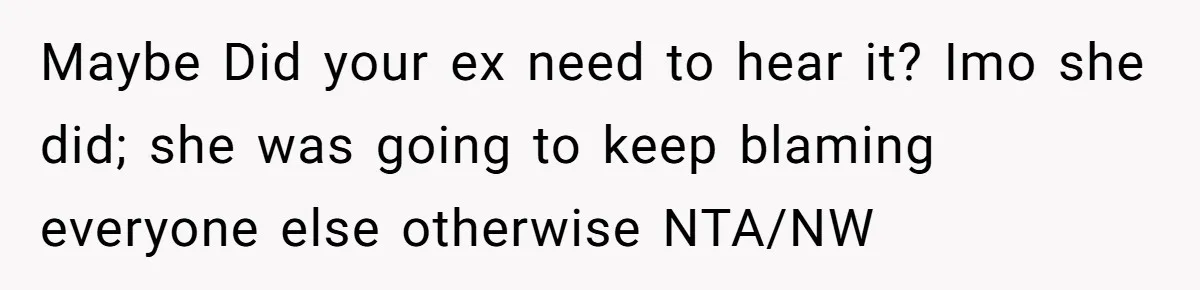 He Told His Ex She Chose Motherhood Over Marriage - and That Her Loneliness Now Isn’t His Problem Maybe Did your ex need to hear it? Imo she did; she was going to keep blaming everyone else otherwise NTA/NW