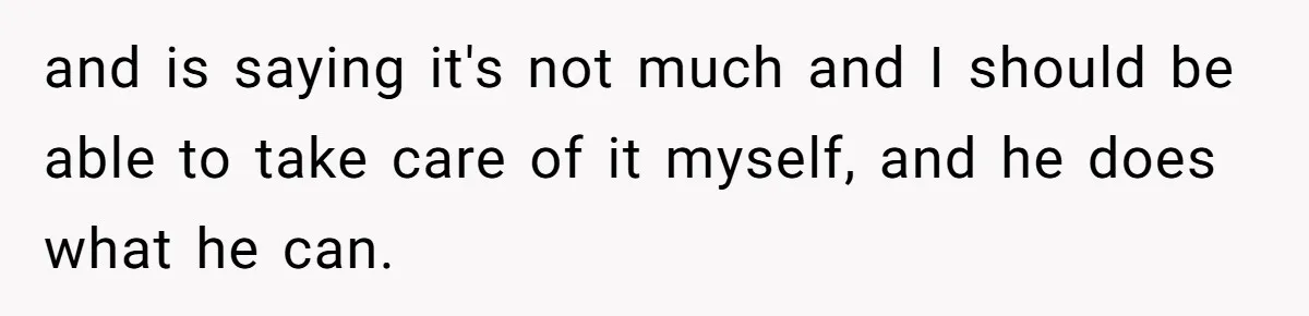 Unemployed Wife Hires Maid With Husband's Earnings While He Works Long Hours And Helps With Chores and is saying it's not much and I should be able to take care of it myself, and he does what he can.