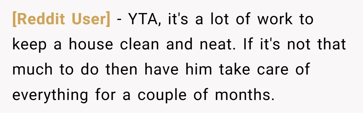 [Reddit User] − YTA, it's a lot of work to keep a house clean and neat. If it's not that much to do then have him take care of everything...