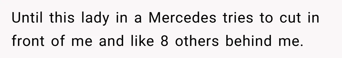 Until this lady in a Mercedes tries to cut in front of me and like 8 others behind me.