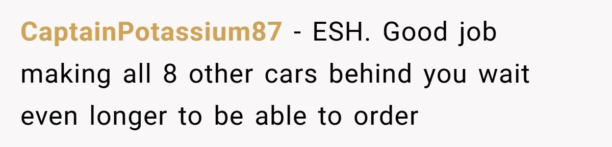 CaptainPotassium87 − ESH. Good job making all 8 other cars behind you wait even longer to be able to order