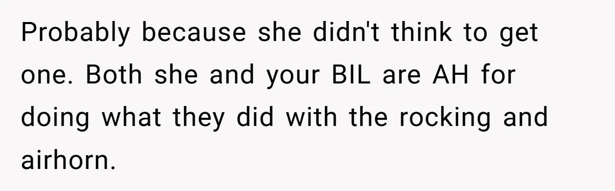 A Man Brought a Camper on a Camping Trip - His Family Lost Their Minds. Probably because she didn't think to get one. Both she and your BIL are AH for doing what they did with the rocking and airhorn.