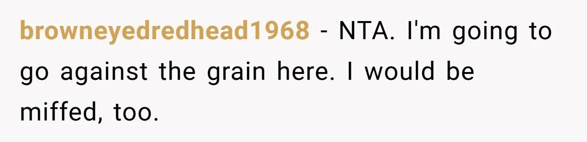 browneyedredhead1968 − NTA. I'm going to go against the grain here. I would be miffed, too.