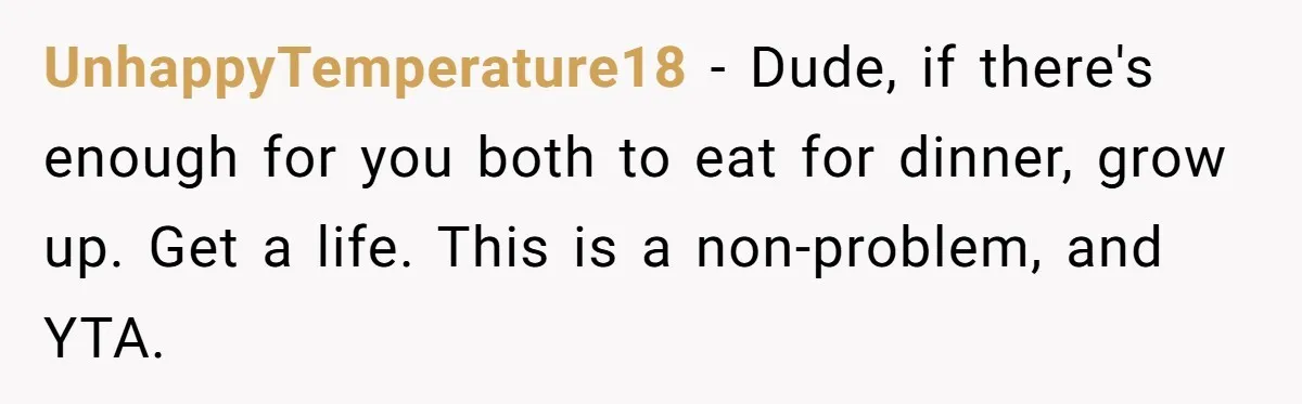 UnhappyTemperature18 − Dude, if there's enough for you both to eat for dinner, grow up. Get a life. This is a non-problem, and YTA.