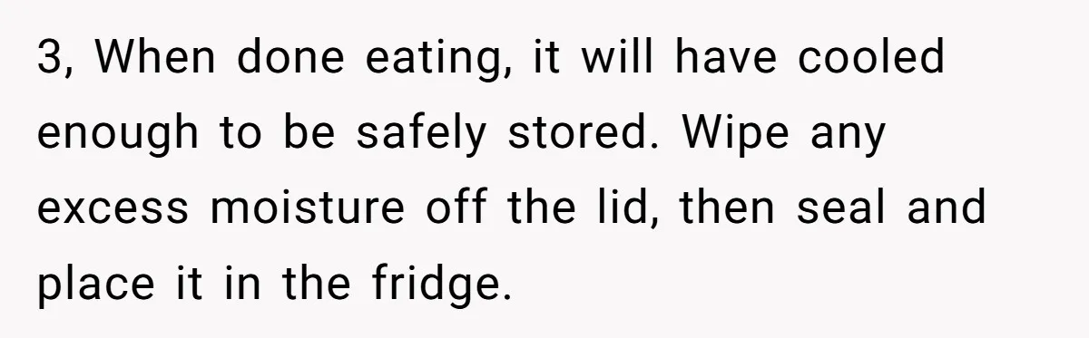 3, When done eating, it will have cooled enough to be safely stored. Wipe any excess moisture off the lid, then seal and place it in the fridge.