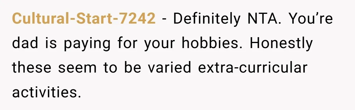 Teen Refuses To Drop Soccer And Piano Hobbies When New Stepmom Demands Sacrifice For Her Kids Cultural-Start-7242 − Definitely NTA. You’re dad is paying for your hobbies. Honestly these seem to be varied extra-curricular activities.