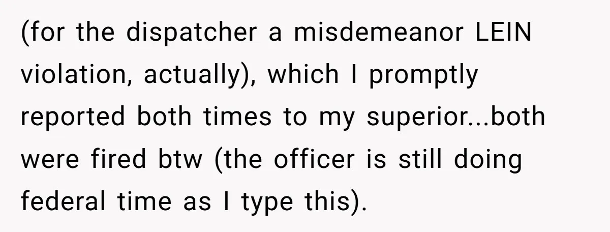 (for the dispatcher a misdemeanor LEIN violation, actually), which I promptly reported both times to my superior...both were fired btw (the officer is still doing federal time as I type...