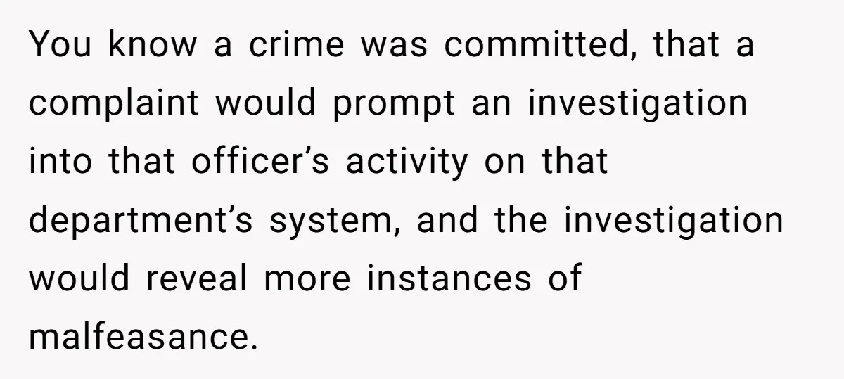 You know a crime was committed, that a complaint would prompt an investigation into that officer’s activity on that department’s system, and the investigation would reveal more instances of malfeasance.
