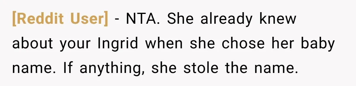 [Reddit User] − NTA. She already knew about your Ingrid when she chose her baby name. If anything, she stole the name.