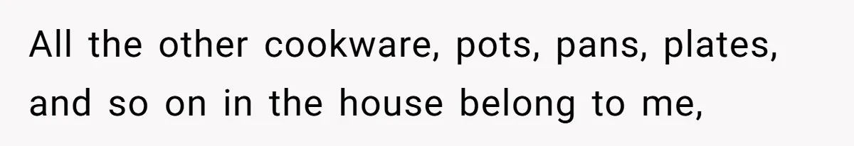 All the other cookware, pots, pans, plates, and so on in the house belong to me,