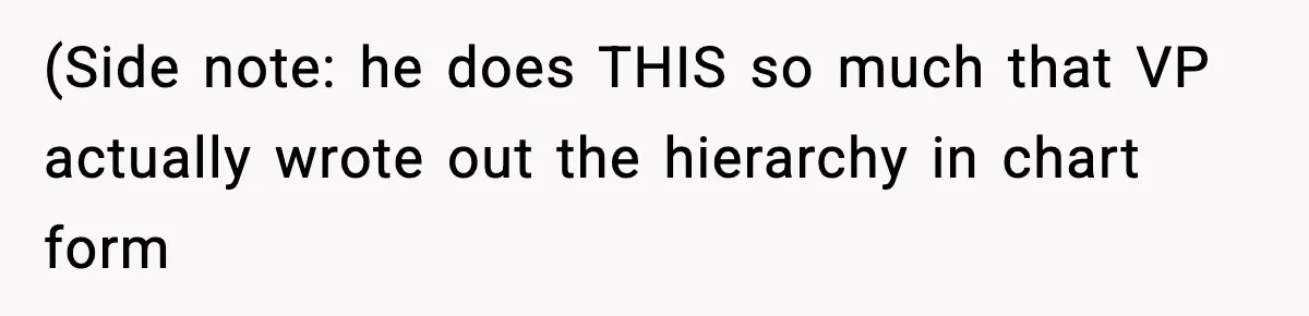 (Side note: he does THIS so much that VP actually wrote out the hierarchy in chart form