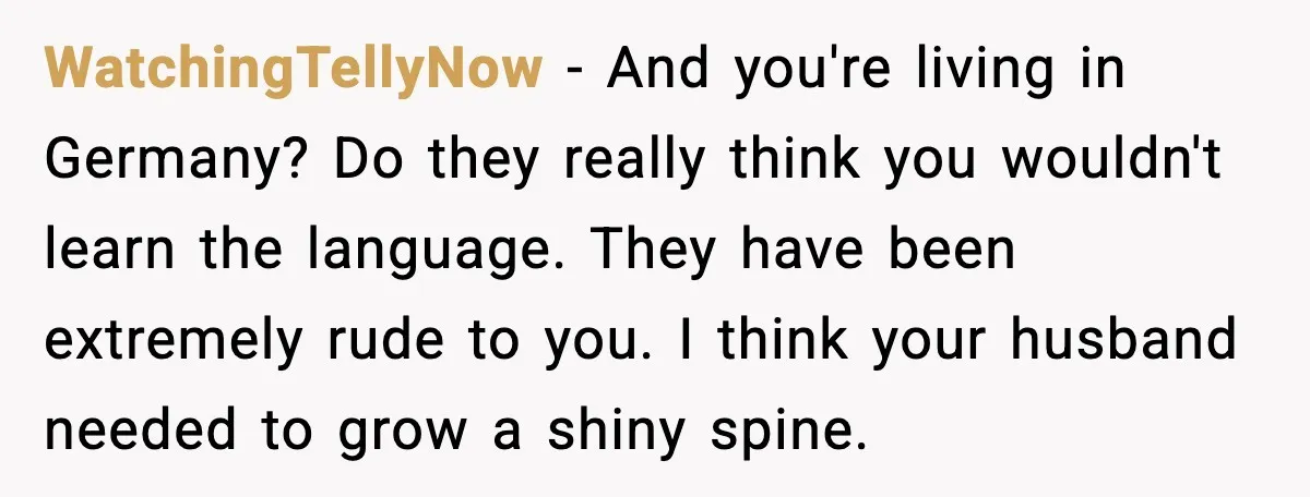 WatchingTellyNow - And you're living in Germany? Do they really think you wouldn't learn the language. They have been extremely rude to you. I think your husband needed to grow...