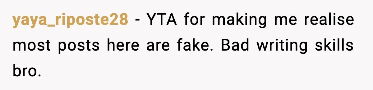 yaya_riposte28 - YTA for making me realise most posts here are fake. Bad writing skills bro.