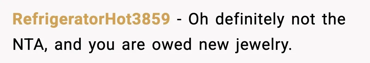 RefrigeratorHot3859 − Oh definitely not the NTA, and you are owed new jewelry.