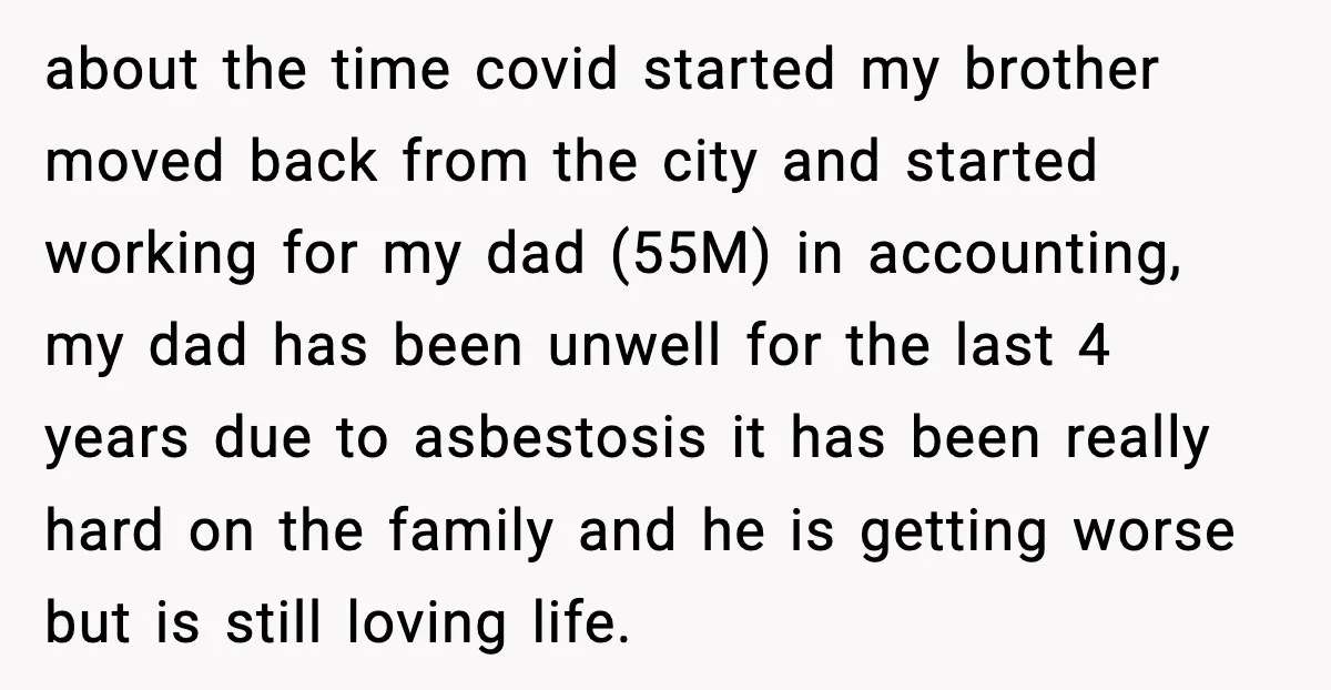 about the time covid started my brother moved back from the city and started working for my dad (55M) in accounting, my dad has been unwell for the last 4...